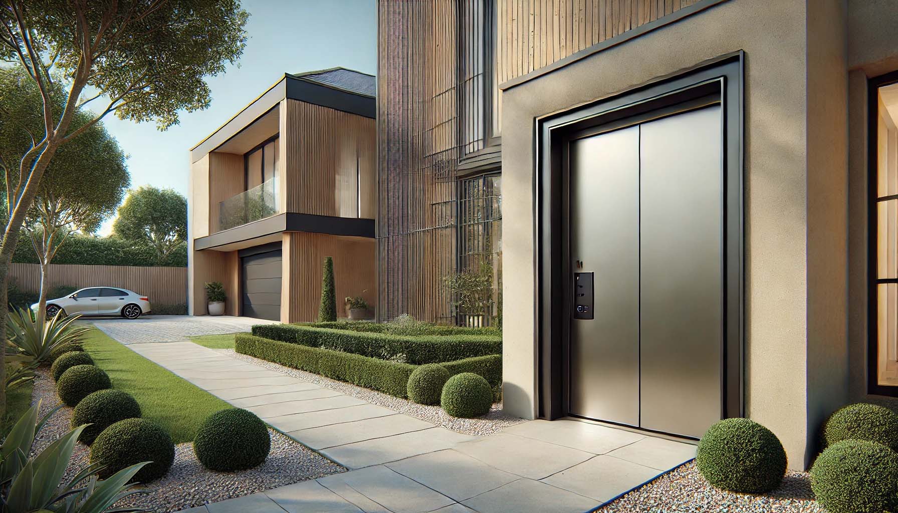 Modern steel security door with a matte black finish installed in a contemporary residential home, emphasizing security and sleek design.