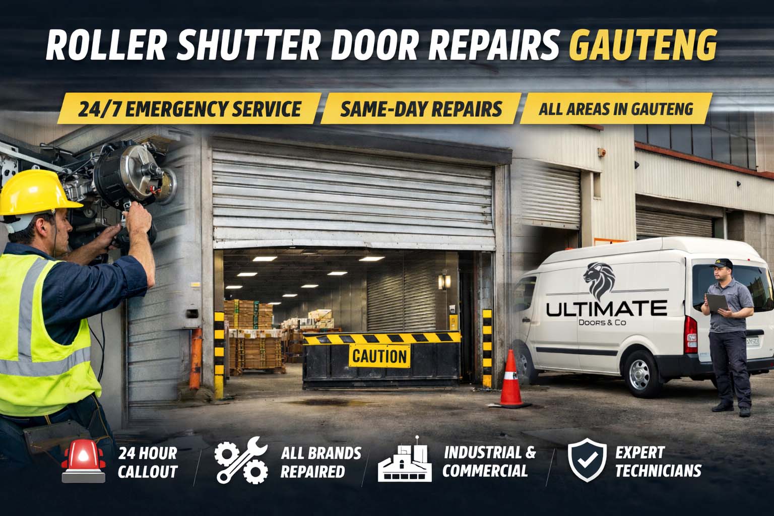 Industrial technician repairing a roller shutter door motor at a warehouse in Gauteng with emergency repair service vehicle on site